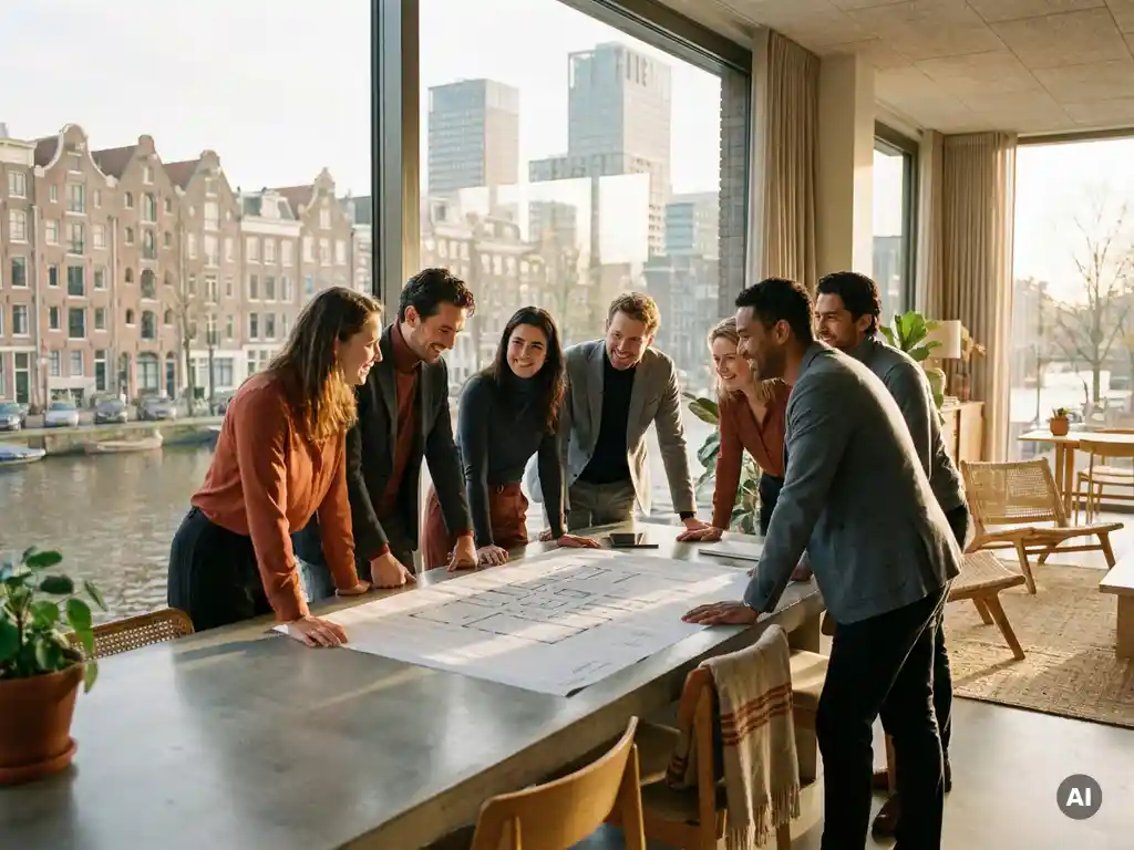 Scale-upteam bespreekt architectonisch plattegrond op betonnen bureau, met Amsterdamse grachtenpanden en glazen kantoorgebouwen op de achtergrond.