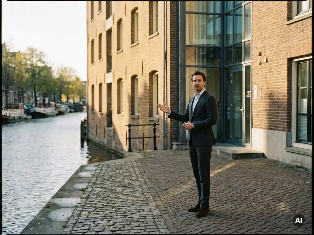 Vastgoedadviseur in maatpak wijst naar Amsterdams grachtenpand met historische gevels en moderne glasarchitectuur in warm middaglicht.