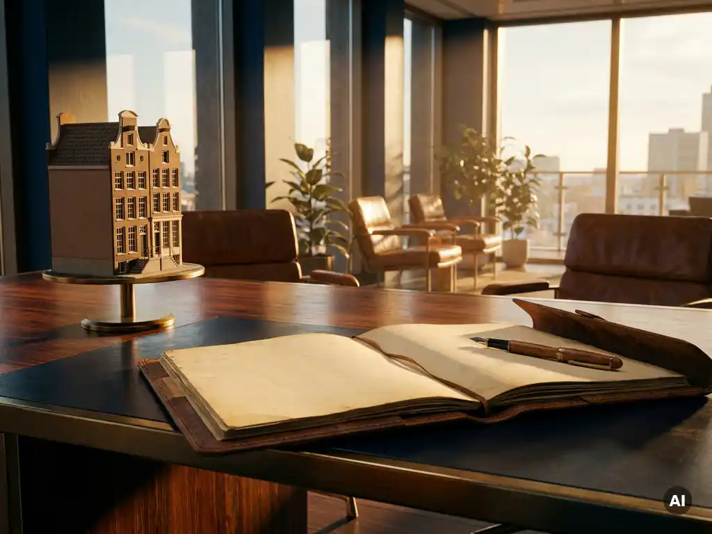 Open leren contractmap op modern bureau naast schaalmodel van Amsterdams grachtenpand, vulpen, warm goudlicht.