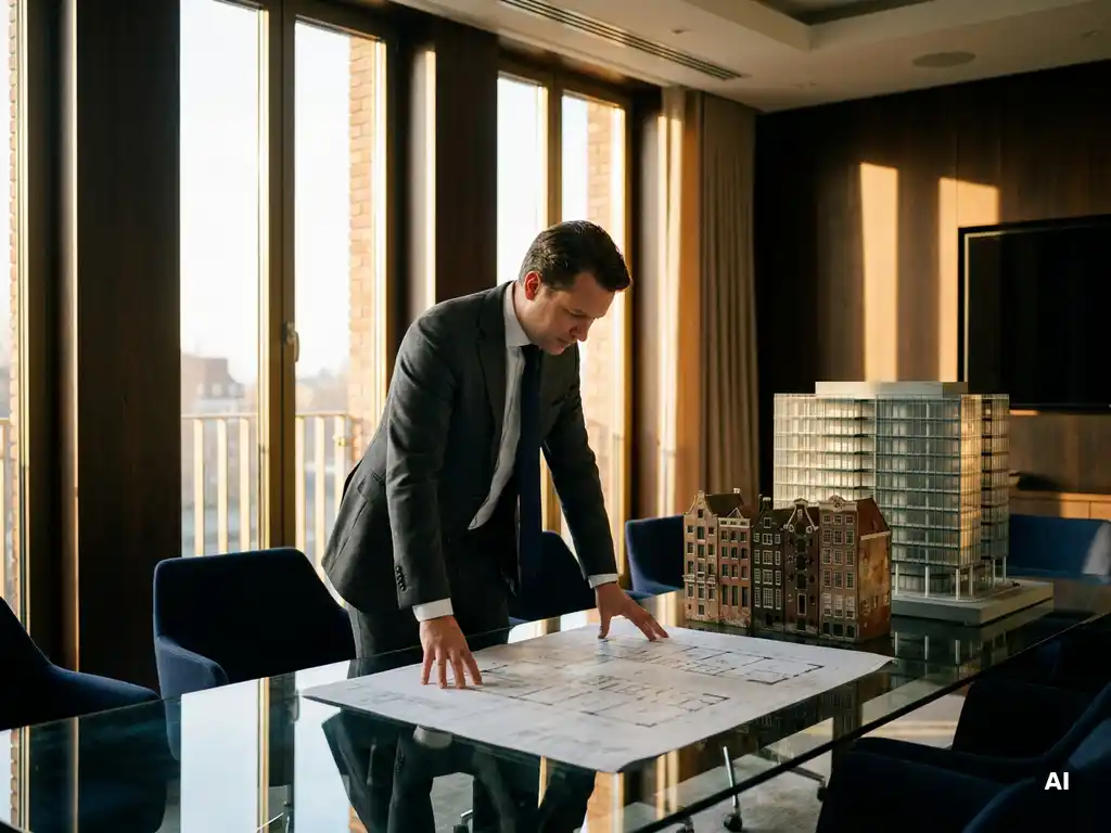 Zakenman bestudeert architectonische plattegrond op glazen bureau met miniatuur Amsterdamse grachtenpanden en kantoorgebouwmodel.