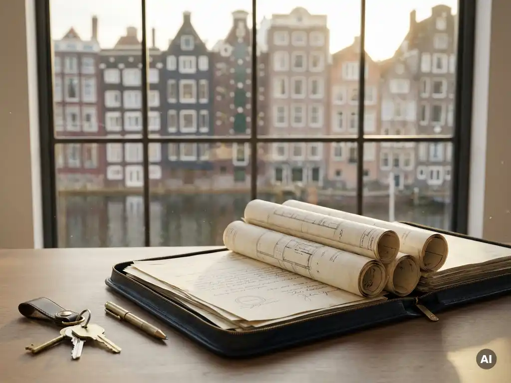 Opengeslagen leren portfolio met plattegronden en getekende documenten op modern bureau, sleutels ernaast, Amsterdamse grachtenpanden op de achtergrond.