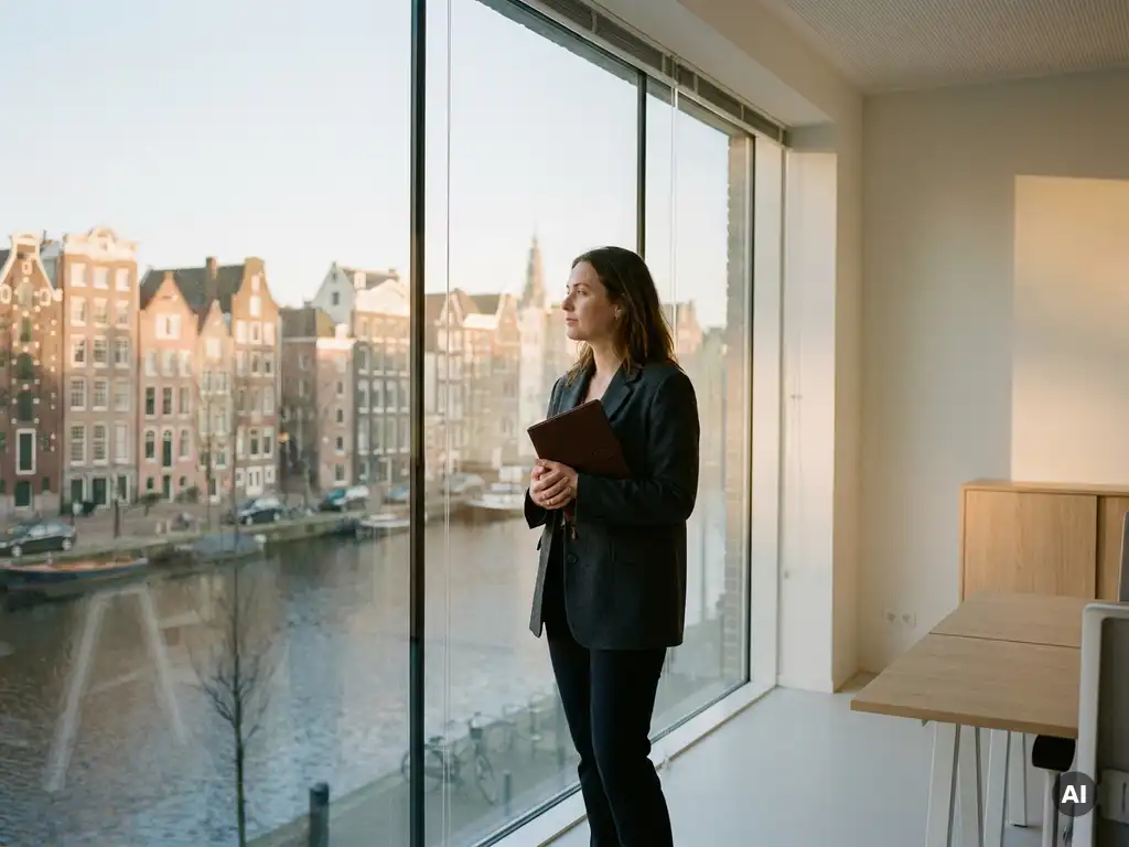 Professionele vrouw met leren notitieboek bij panoramaraam met uitzicht op Amsterdamse grachten en daken in gouden middaglicht.