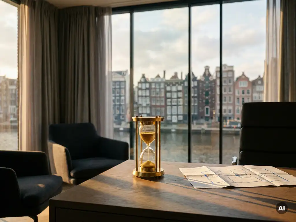 Gepolijst messing zandloper op modern eiken bureau met uitzicht op Amsterdamse grachtenpanden, architectonische plattegrond op de voorgrond.