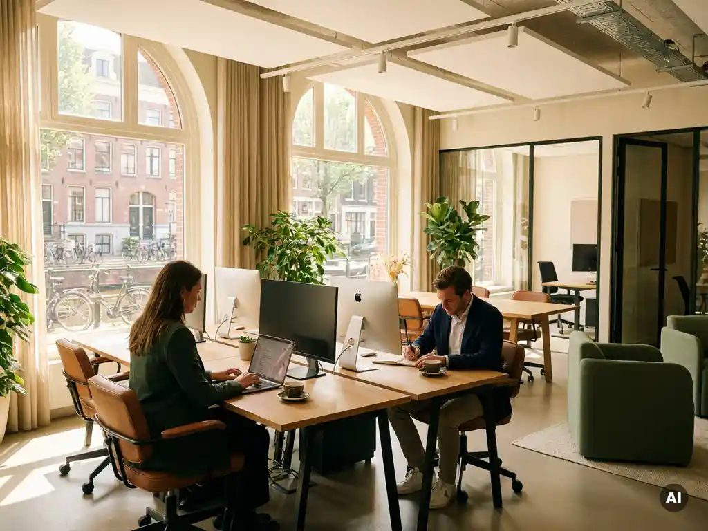 Twee professionals werken aan houten hot-desks in een moderne coworking lounge met groen en uitzicht op een Amsterdams kanaal.