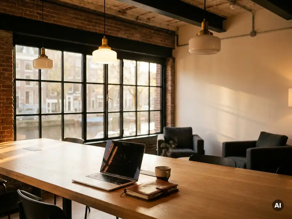 Gedeelde eikenhouten werktafel met laptop, notitieboek en dampende koffie in een lichte coworking ruimte in Amsterdam.