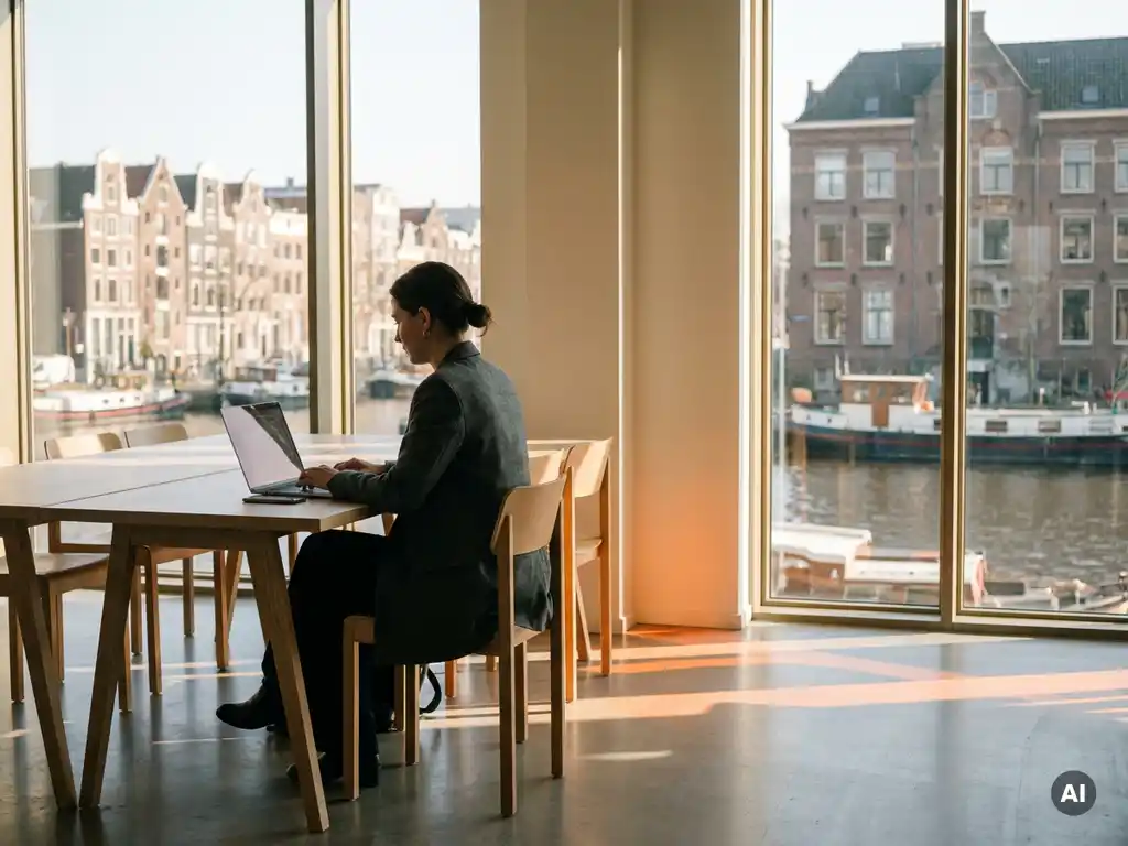 Professional in maatpak werkt op laptop in minimalistisch coworking kantoor met uitzicht op Amsterdamse grachten.