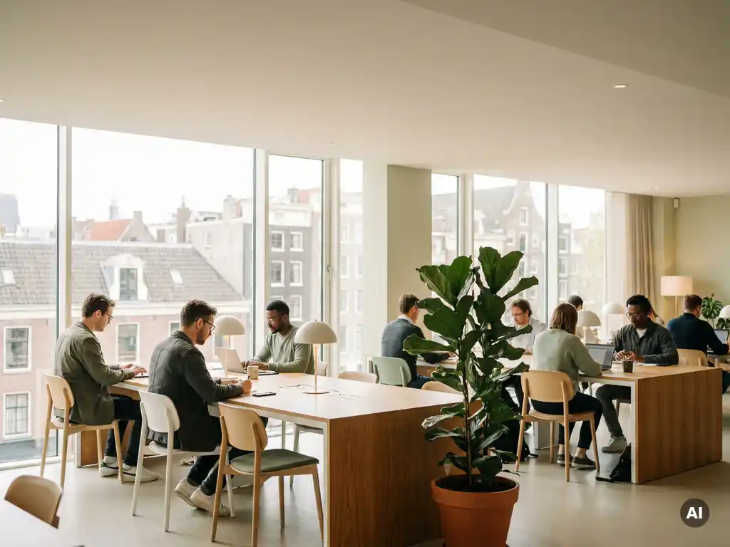 Professionals aan gedeelde bureaus in een lichte Amsterdamse coworkingruimte met vloerhoge ramen en uitzicht op grachtengevels.