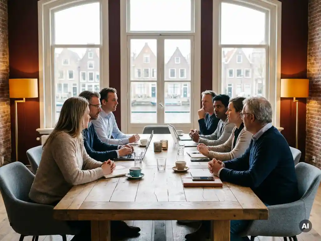 Diverse professionals samenkomend rond een eiken werktafel in een lichte Amsterdamse coworkingruimte met uitzicht op de gracht.