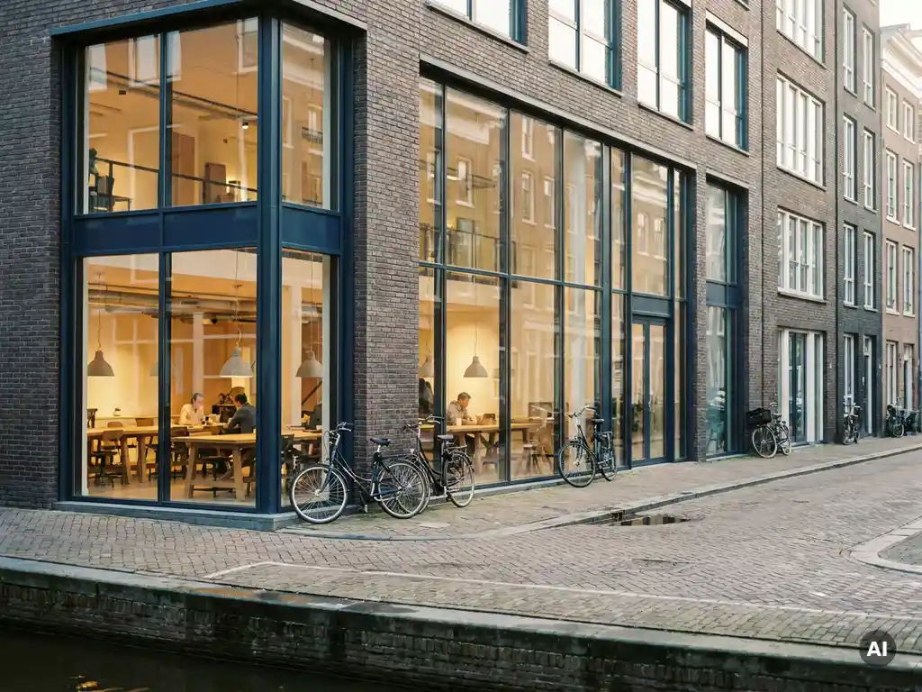 Amsterdams kantoorgebouw aan de gracht met vloer-tot-plafond ramen, open werkruimte en fietsen tegen de bakstenen gevel in ochtendlicht.