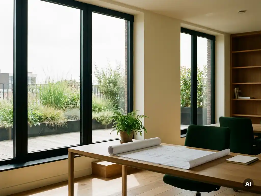 Moderne Amsterdamse kantoorruimte met vloer-tot-plafond ramen, groen dakterras, architectenbureau met bouwtekening en kamerplant.
