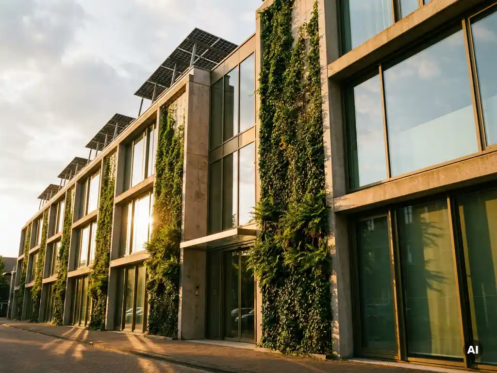Modern Amsterdams kantoorgebouw met verticale tuin, zonnepanelen op het dak en gouden uursbelichting van onderen gefotografeerd.