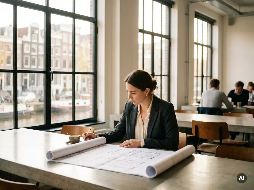 Vrouw in blazer bekijkt plattegronden op gedeelde werkplek in Amsterdam, met industriële ramen en grachtenarchitectuur op de achtergrond.