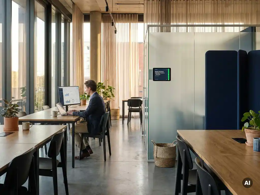 Vastgoedbeheerder bekijkt bezettingsdashboard in moderne coworking space met hot-desking en digitaal boekingspaneel.