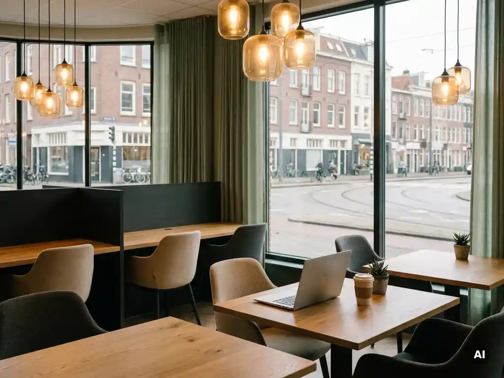 Moderne coworking lounge met eiken bureaus, open laptop, koffiebeker en potplant, met uitzicht op een Nederlandse stadsstraat.