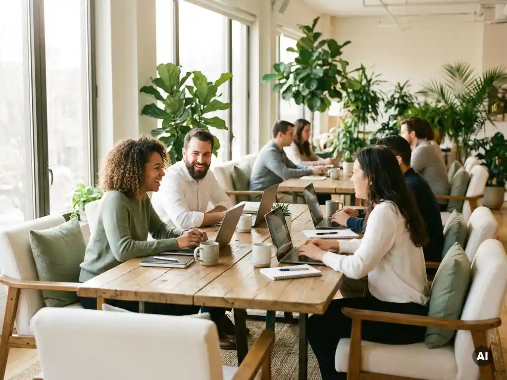 Diverse professionals werken samen aan een houten tafel in een lichte coworking ruimte met grote ramen en weelderige kamerplanten.