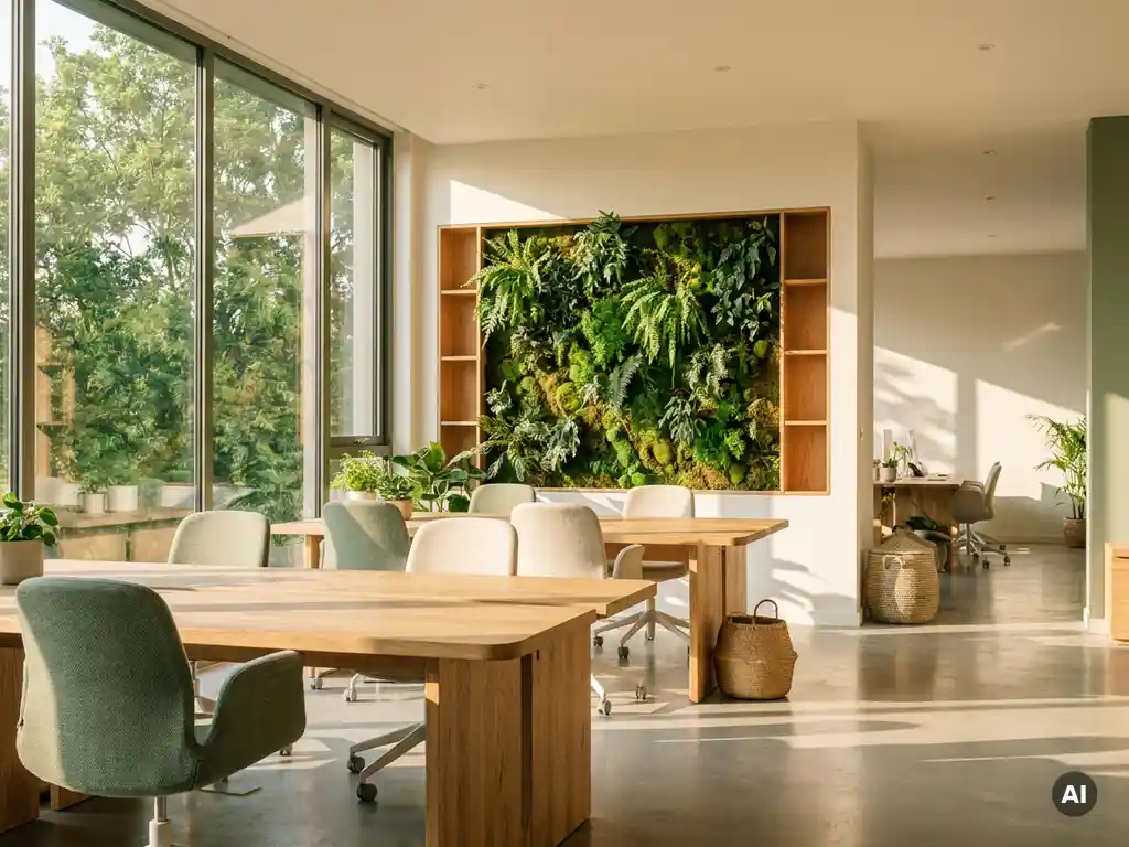 Zonnig modern kantoor met levende plantenwand, eiken bureaus en vloer-tot-plafond ramen met uitzicht op groen.