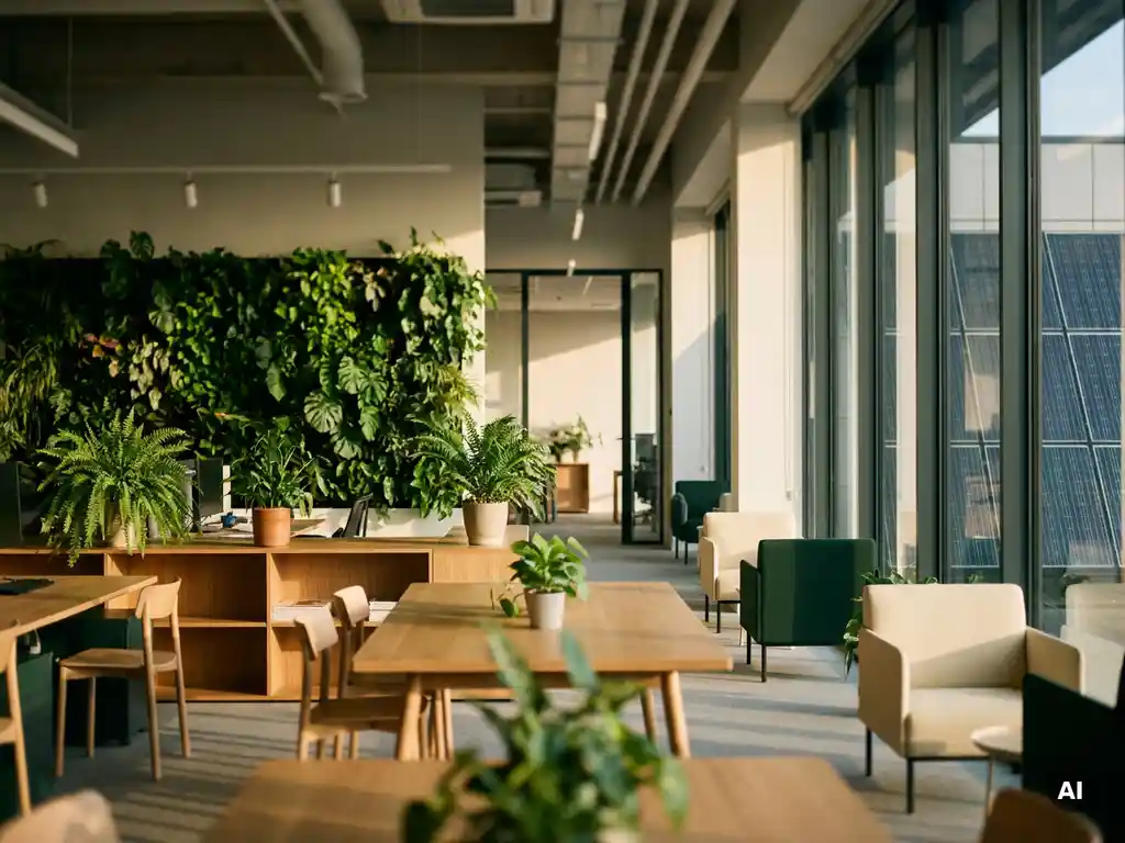 Duurzaam kantoorinterieur met levende groene plantenwanden, houten accenten en zichtbare zonnepanelen in warm middaglicht.