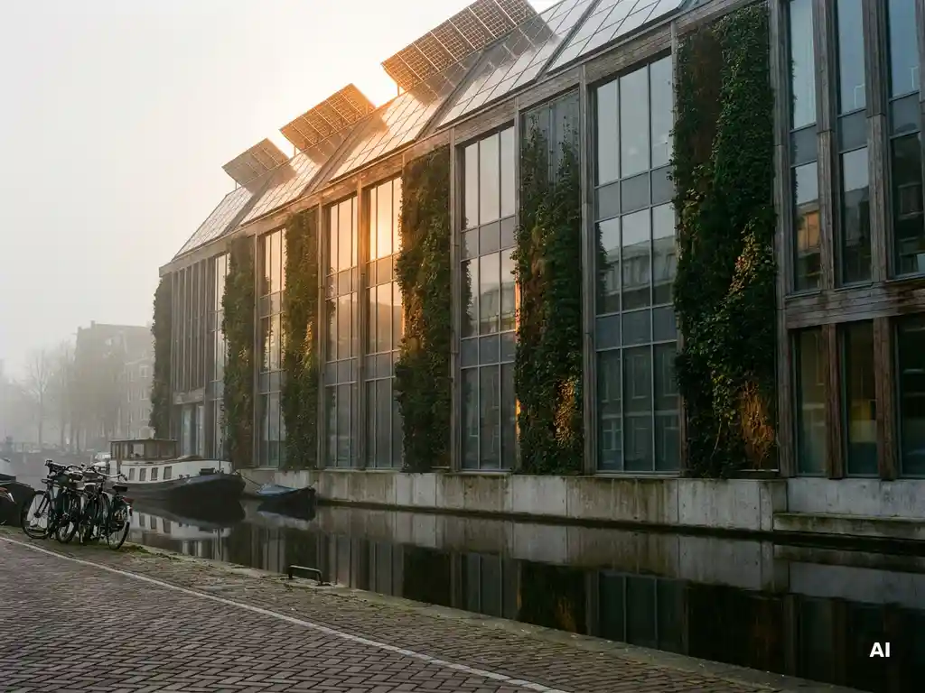 Duurzaam kantoorgebouw in Amsterdam met verticale groene gevelpanelen, zonnepanelen op het dak en reflectie in een gracht.