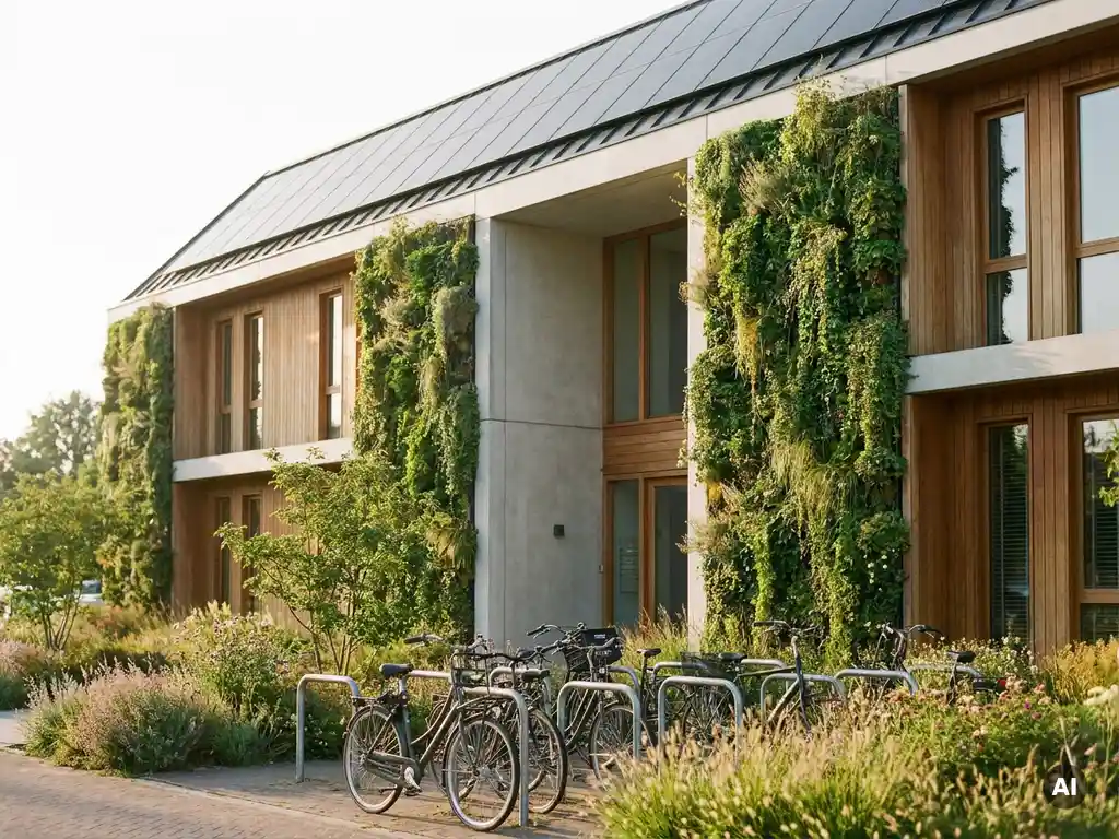 Duurzaam Nederlands kantoorgebouw met verticale groene gevelmuur, zonnepanelen en fietsenrek op zonnige middag.