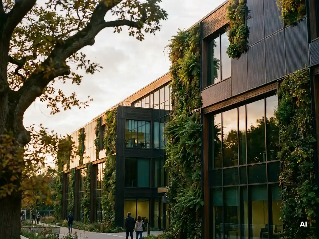 Modern kantoorgebouw met groene gevelmuren, zonnepanelen en weelderige terrasbegroeiing in warm middaglicht.