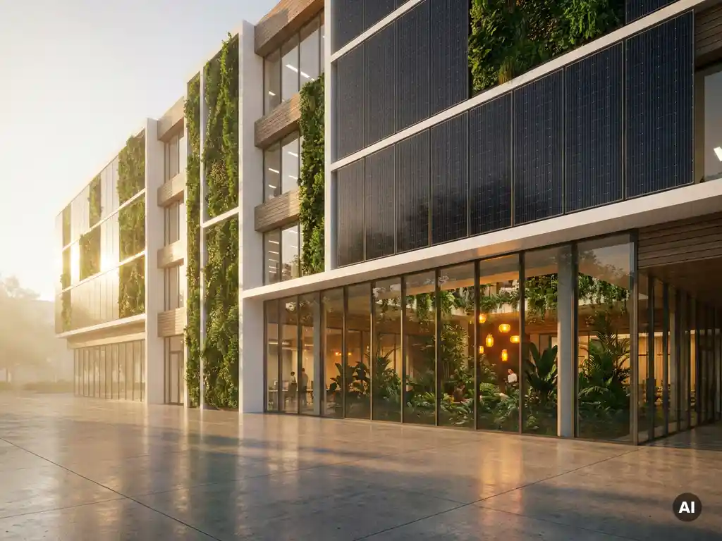 Duurzaam kantoorgebouw met groene gevelmuur, zonnepanelen en binnenplaats achter vloerhoge ramen in warm ochtendlicht.