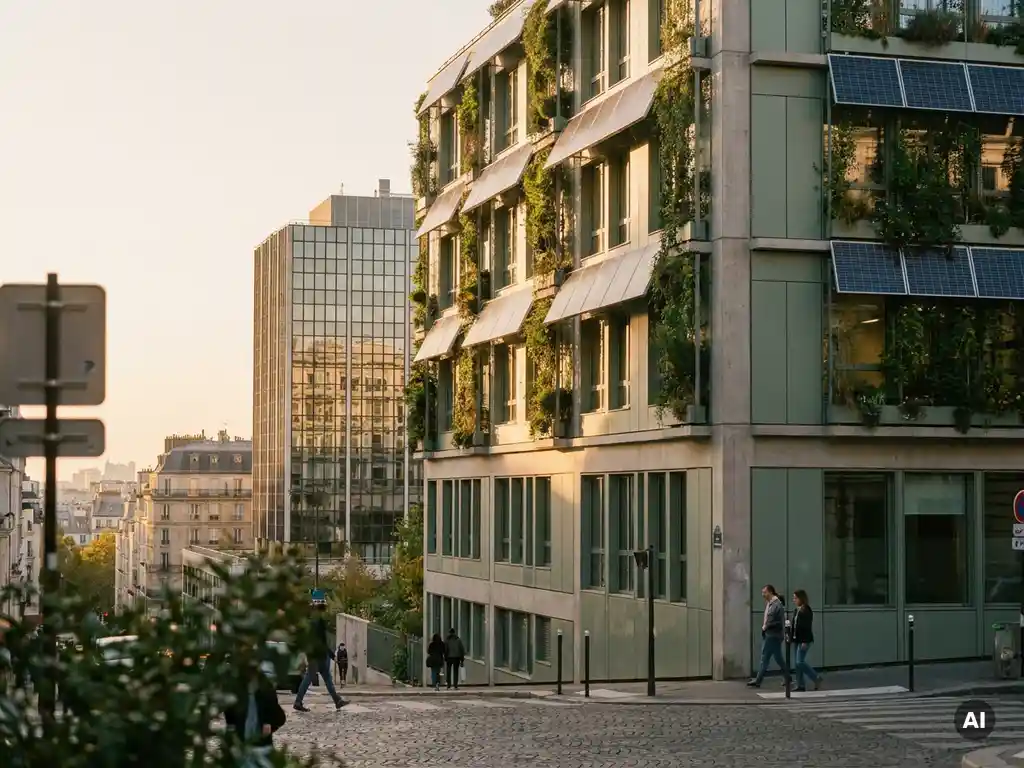 Duurzaam kantoorgebouw in Parijs met verticale groene gevelmuren en zonnepanelen naast een conventionele glazen wolkenkrabber bij gouden-uurlicht.