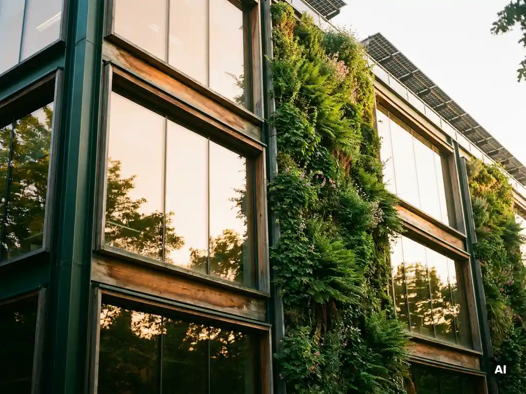 Moderne kantoorgebouw met verticale groentuin, zonnepanelen op het dak en vloer-tot-plafond glasgevels in gouden avondlicht.