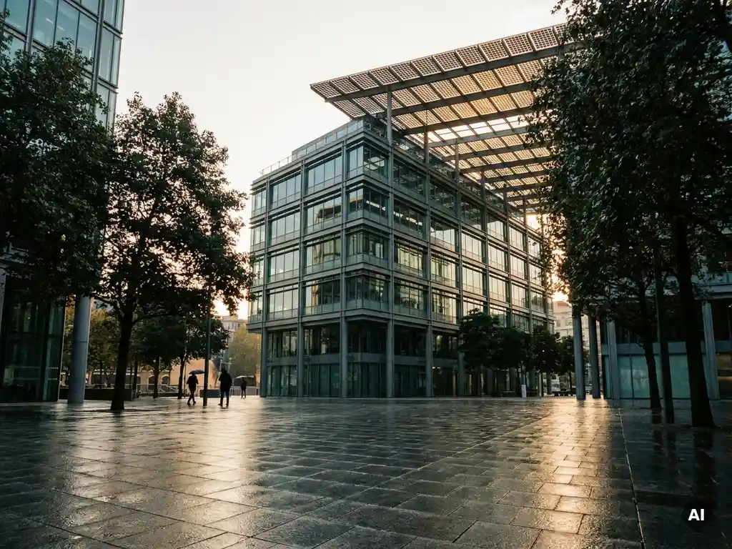 Modern kantoorgebouw met zonnepanelen op het dak, weerspiegeld in een regennat plein, omgeven door stadsbomen in gouden ochtendlicht.