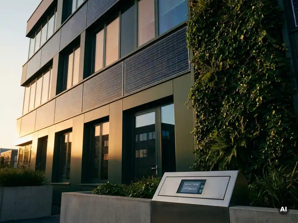 Modern Nederlands kantoorgebouw met zonnepanelen in glazen gevel, verticale tuin en slimme energiemeter in warm middaglicht.