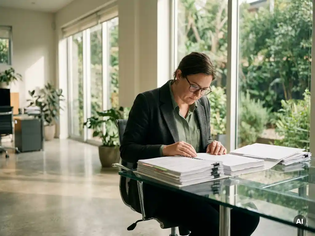 Duurzaamheidsadviseur bekijkt energiecertificaten en milieuauditrapporten op glazen bureau in modern Nederlands kantoor met groen uitzicht.