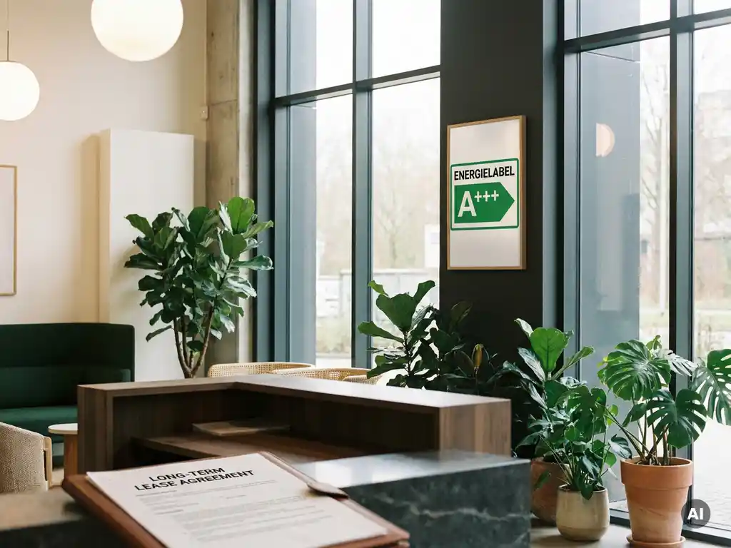 Energielabel op gevel van modern Nederlands kantoorgebouw met langlopend huurcontract op receptiebalie en weelderige kamerplanten.