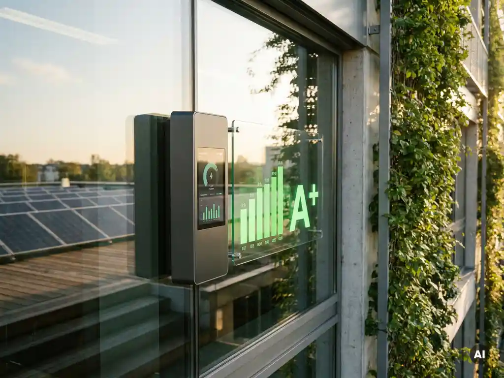 Energiemeter en groen duurzaamheidslabel op glazen gevel van modern Nederlands kantoorgebouw met zonnepanelen en verticaal groen.