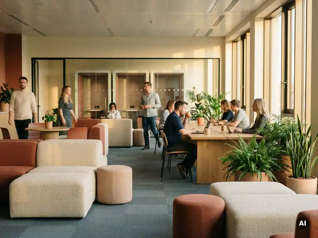 Flexibele open kantoorvloer met modulaire loungeclusters, eiken tafels en glazen focuspods, badend in warm middaglicht.