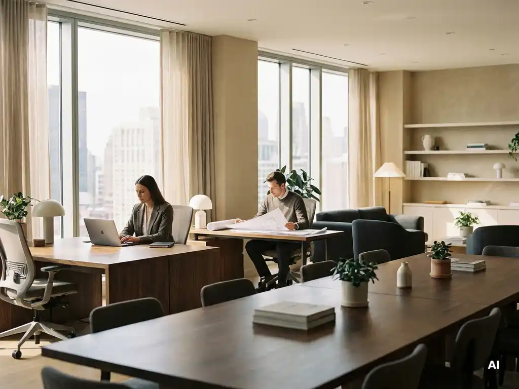 Twee professionals werken zelfstandig aan aangrenzende bureaus in een licht open kantoor met vloer-tot-plafondvensters.