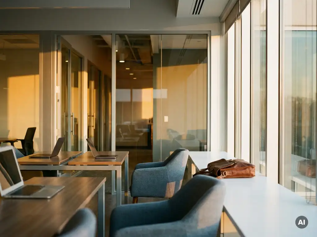 Gedeelde coworkingruimte met open hot-desks, leren aktetas op wit bureau en glazen wand naar privékantoren op de achtergrond.