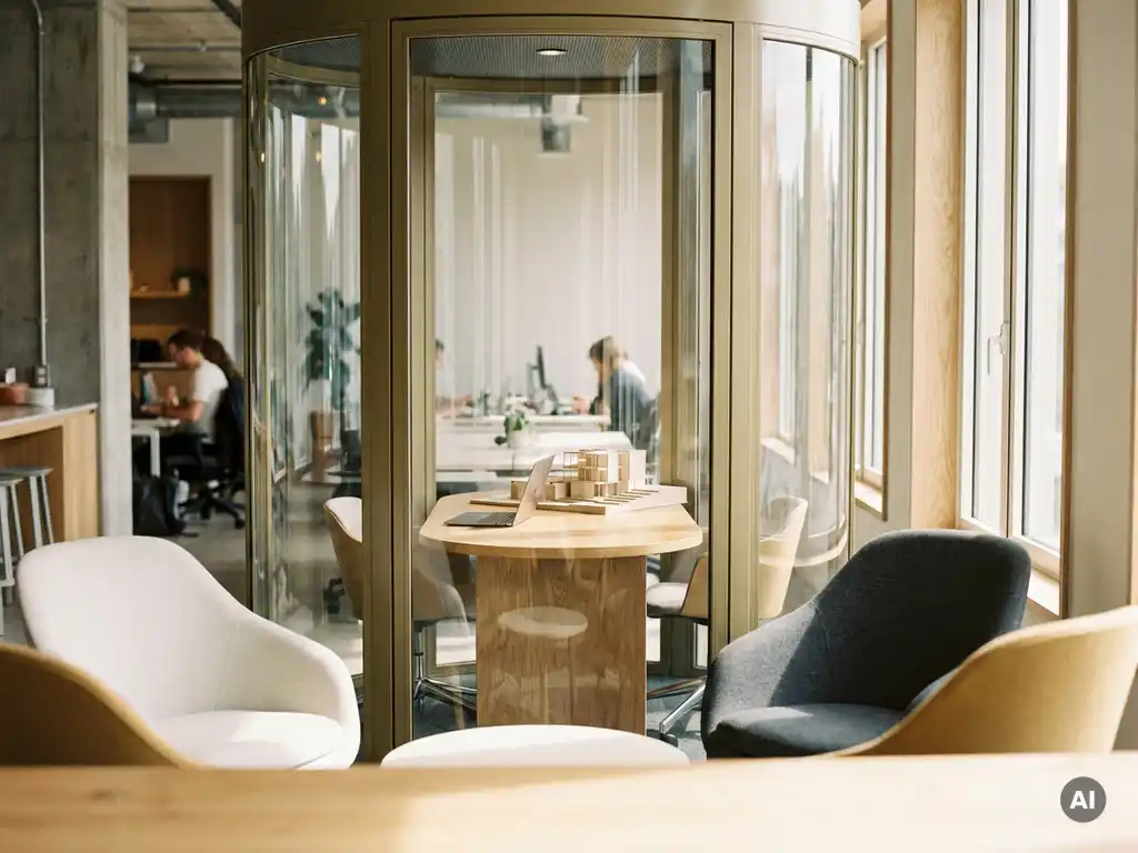 Glazen privékantoorpod in moderne coworking space met laptop, architectuurmaquette en warm natuurlijk licht.