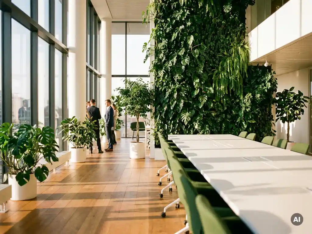 Lichtrijk modern kantoor met levende groene plantenwand, houten vloer en vloer-tot-plafond ramen met warm daglicht.