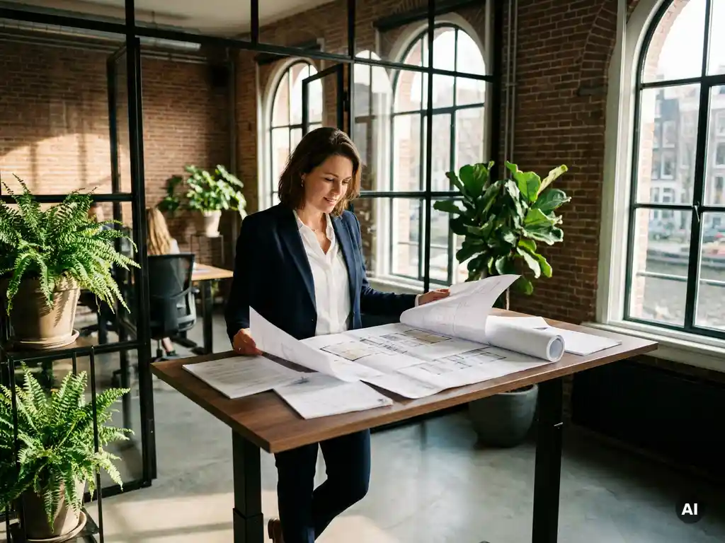 Professional bekijkt plattegronden en huurcontracten aan een staand bureau in een licht Amsterdams coworkingruimte met bakstenen muren.