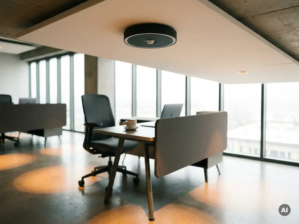 Plafondmonteerde bewegingssensor boven een verlaten Herman Miller-werkplek met laptop en koffiekop in modern kantoor.