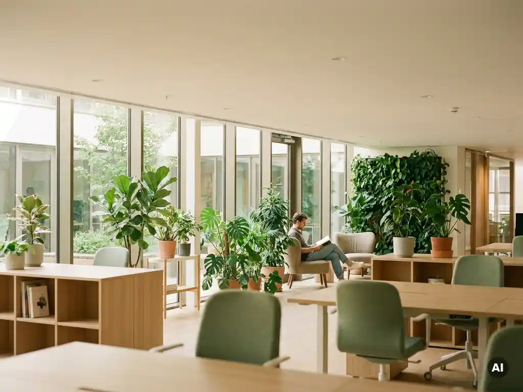 Medewerker ontspant in licht modern kantoor met plantenwand, houten oppervlakken en vloer-tot-plafond ramen.