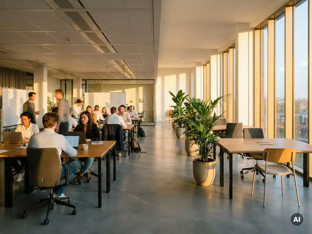 Modern Nederlands kantoor met drukke coworkingruimte naast lege open werkplek, groot raam met middaglicht en groene planten.