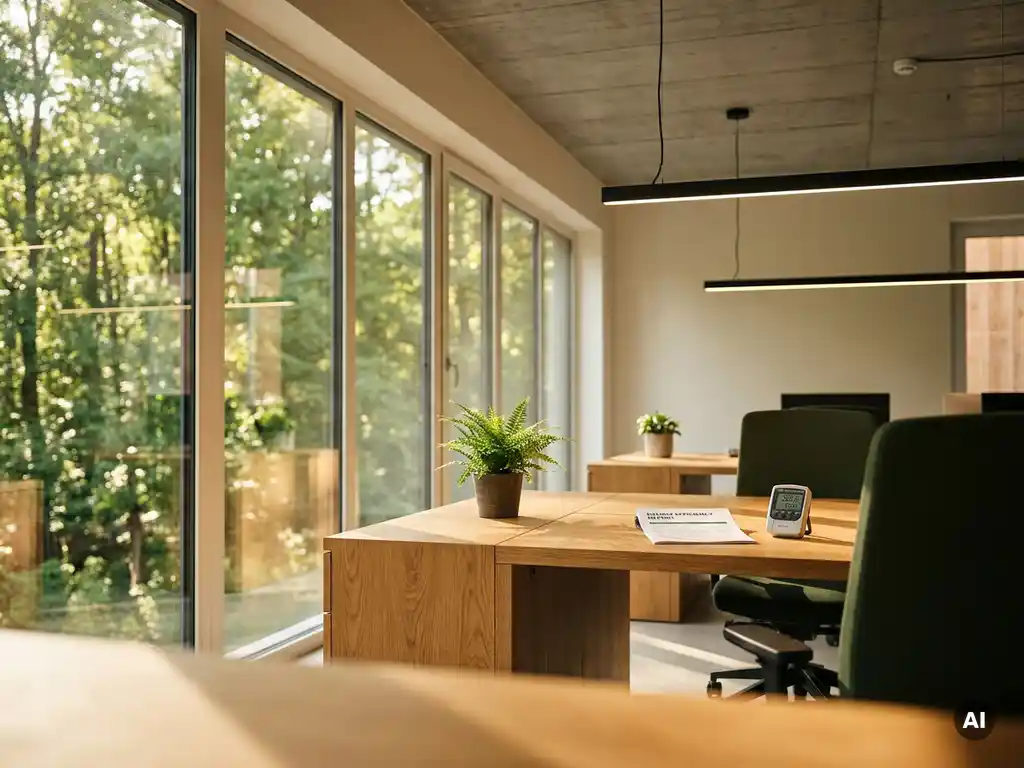 Moderne kantoorruimte met houten bureau, energiemeter document en potplant, omgeven door daglicht en groene bomen.