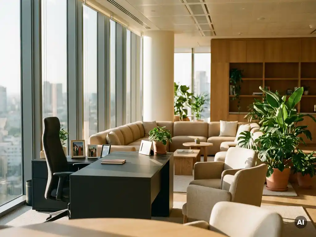 Ergonomische werkplek met persoonlijke items naast een flexibele coworking lounge met modulaire zithoek en eiken oppervlakken in warm middaglicht.