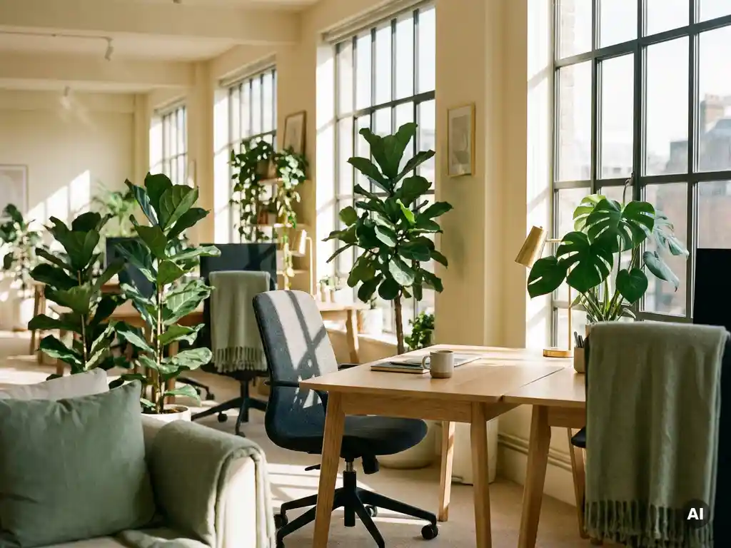 Lichte open kantoorruimte met ergonomische stoel aan eikenhouten bureau, omringd door weelderige kamerplanten en groot raam.