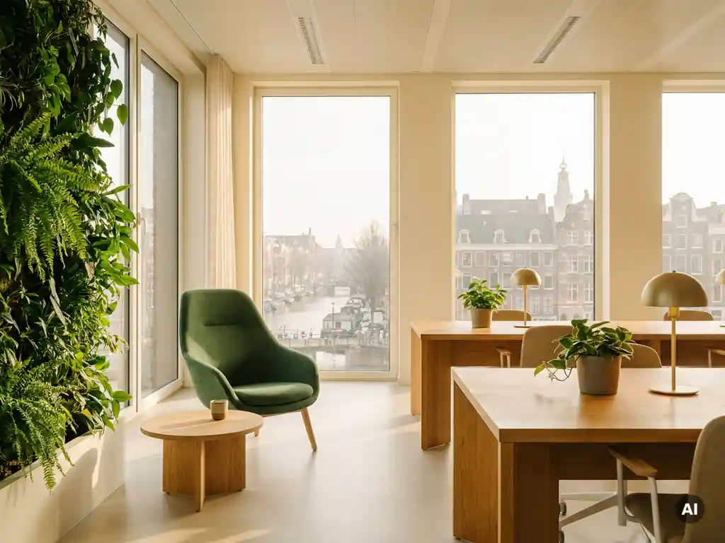 Ergonomische stoel naast een groene plantenwand in een modern kantoor met vloer-tot-plafond ramen en uitzicht op een Nederlandse stad.