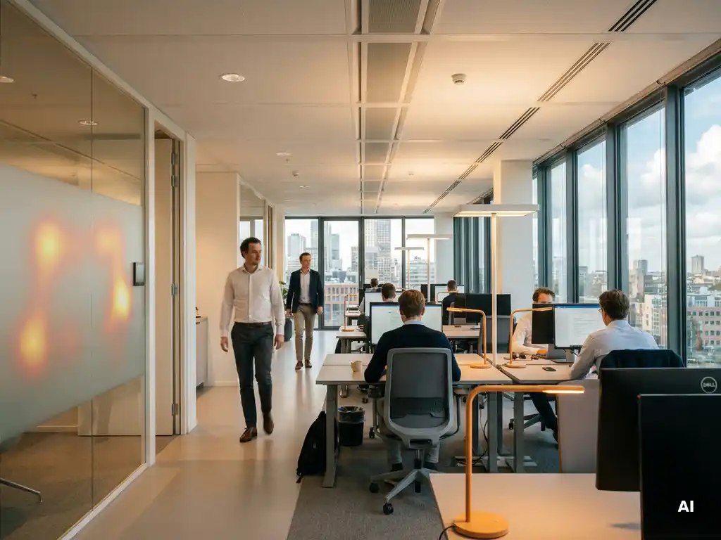 Modern Nederlands kantoor met sensorgestuurde verlichting, open werkruimte, glazen wanden met stadssilhouet en bezettingsdata op matglas paneel.