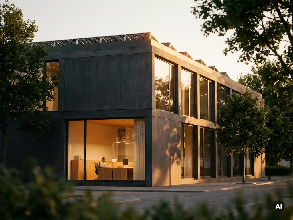 Modern Nederlands kantoorgebouw bij gouden uur met zonnepanelen op het dak en minimalistisch verlicht interieur zichtbaar door groot raam.