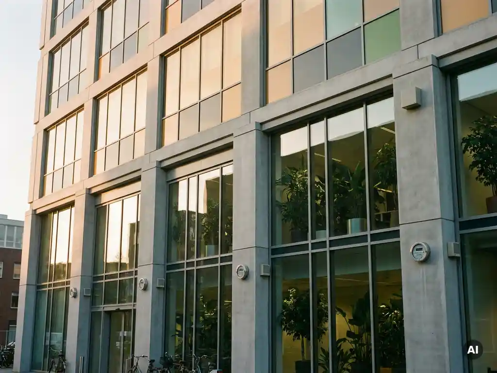Modern Nederlands kantoorgebouw met smart glass gevel, klimaatsensoren in betonnen muur en weelderig groen achter vloerhoge ramen in gouden avondlicht.