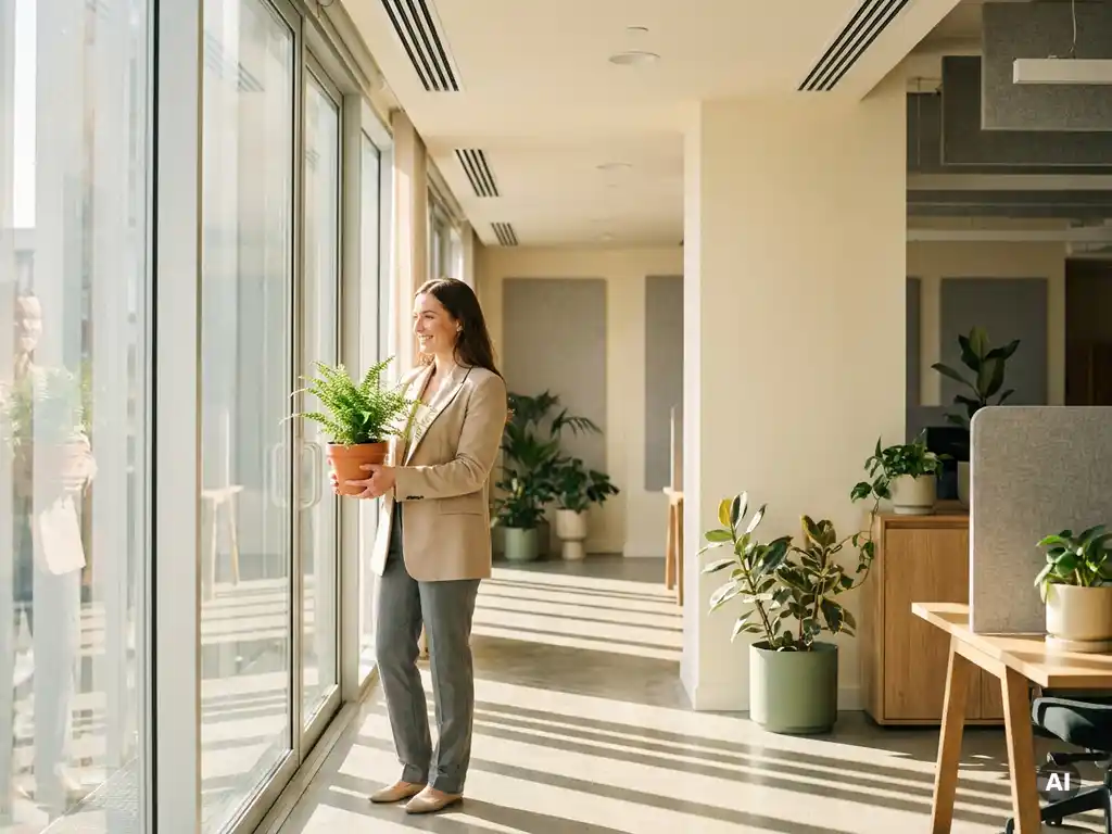 Professional houdt kamerplant vast bij raamwand in modern Nederlands kantoor met daglicht en groene accenten.
