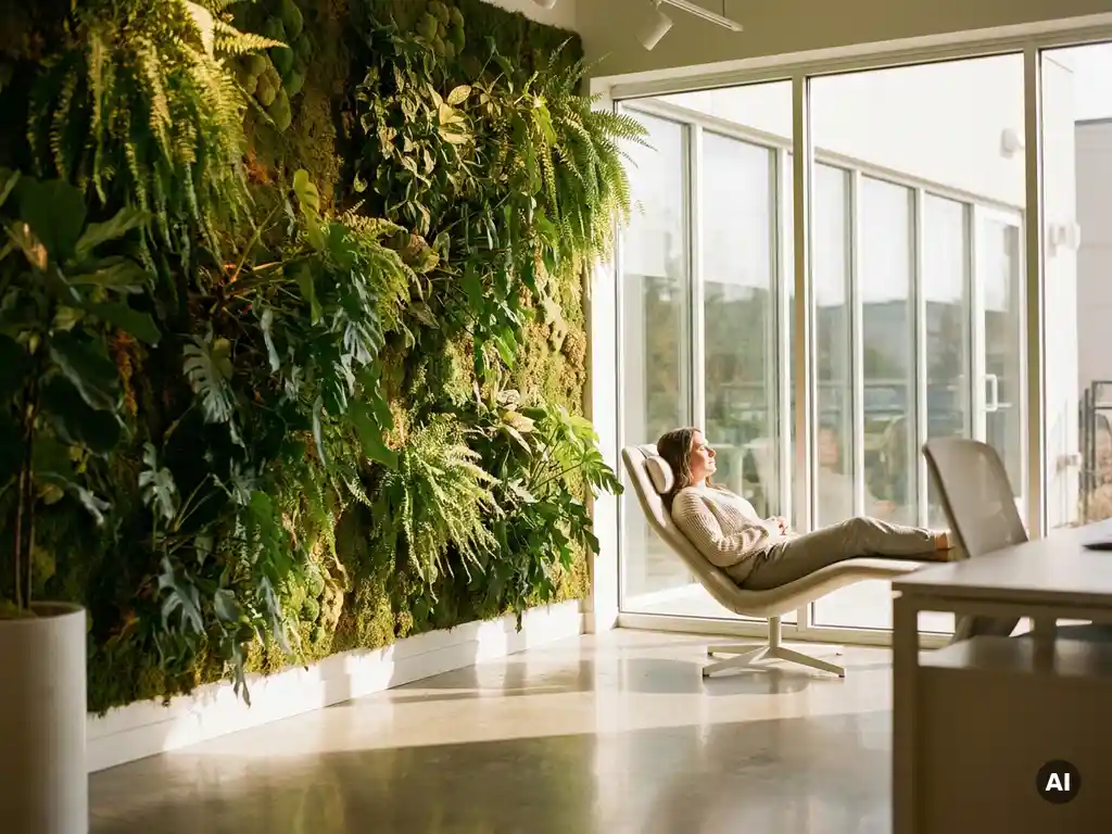 Weelderige groene plantenwand in modern kantoor met werknemer in ergonomische stoel bij vloer-tot-plafond ramen en natuurlijk daglicht.